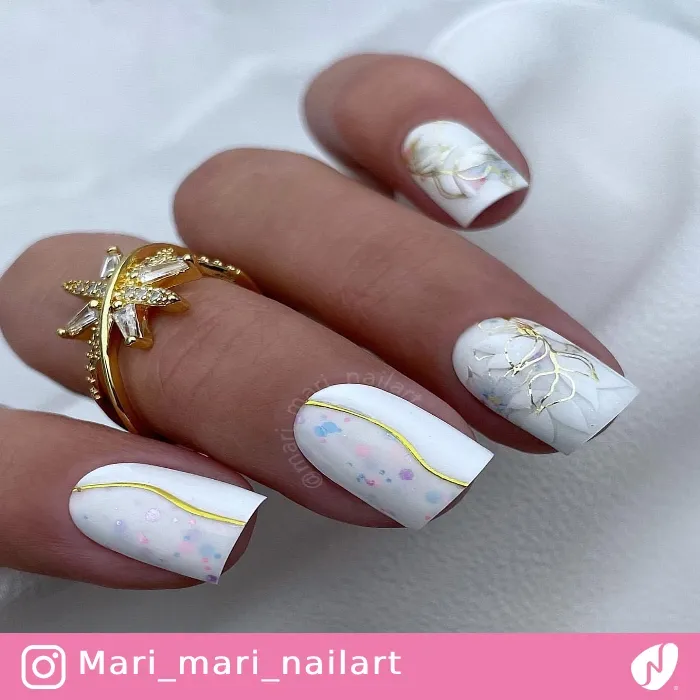 White Floral Nail Design with Bright Colorful Confetti